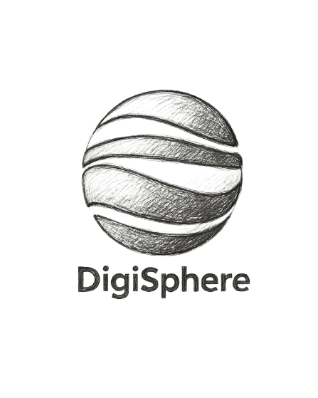 Premiere esquisse du Logo DigiSphere : une sphère en crayon gris stylisée avec des ondes blanche nuance dans le gris du crayon.