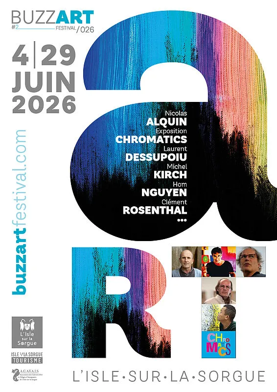 Affiche officielle du BuzzArt Festival numéro 2, se tenant du 4 au 29 juin 2026 à L'Isle-sur-la-Sorgue, mettant en avant les artistes Nicolas Alquin, Laurent Dessupoiu, Michel Kirch, Hom Nguyen et Clément Rosenthal.